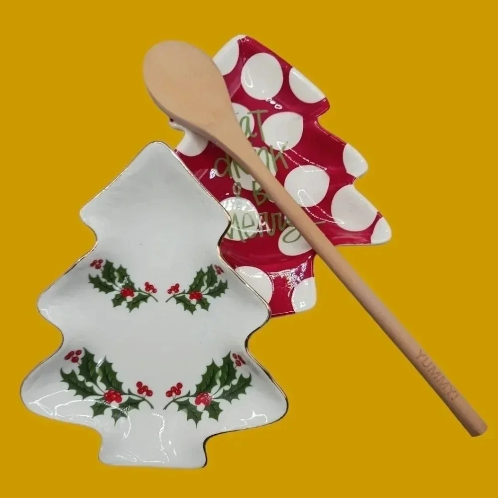Stacy claire& christmas holy 2 spoon rest with wooden spoon red & wht